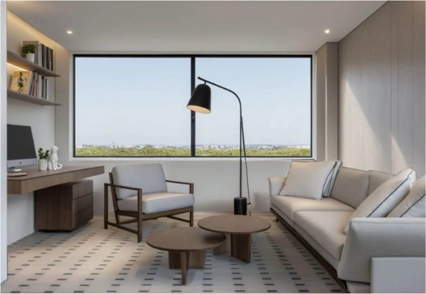 Sala de consulta con sillón, sofá y gran ventanal